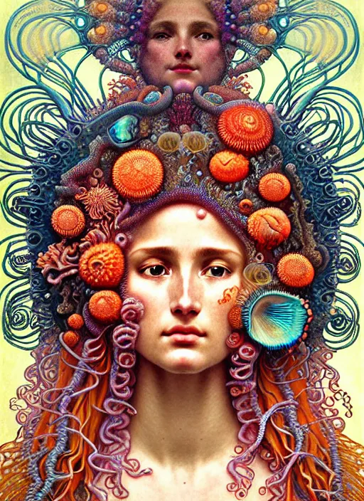 Image similar to hyperrealistic detailed underwater face portrait of the beautiful goddess of the jellyfish with an intricate headgear of corals, sea kelp, sea plants, fish, starfish, jellyfish, art by ernst haeckel, john william godward, android jones, alphonso mucha, gothic - cyberpunk, ornamental, beautiful deep colours,