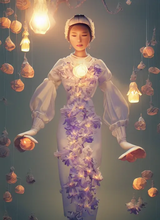 Image similar to japanese village with paper lanterns, angle view of anthropomorphic octopus woman wearing a flowing light lavendar couture dress with puffy sleeves made of paper, paper orchid flowers, heavenly light, 3 d, very detailed, octane render, trending artstation, artgem