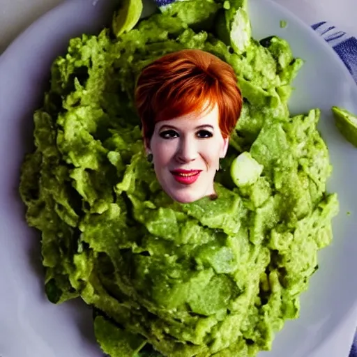 Image similar to molly ringwald face on a pile of guacamole