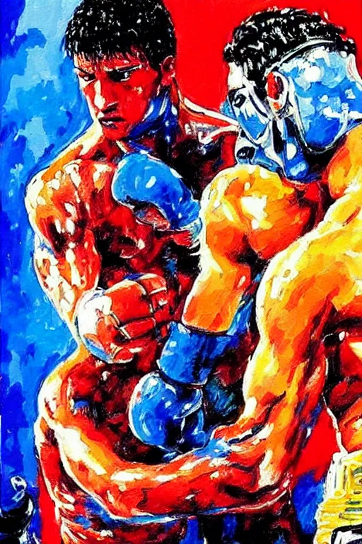 Image similar to fight between rocky balboa and terminator t 1 0 0 0, painting in the style of leroy neiman