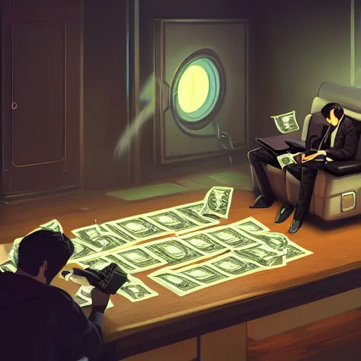 Image similar to realistic rich man using laptop in gaming room, money floating in air, artstation trends, sci fi concept art, highly detailed, intricate, sharp focus, digital art, 8 k