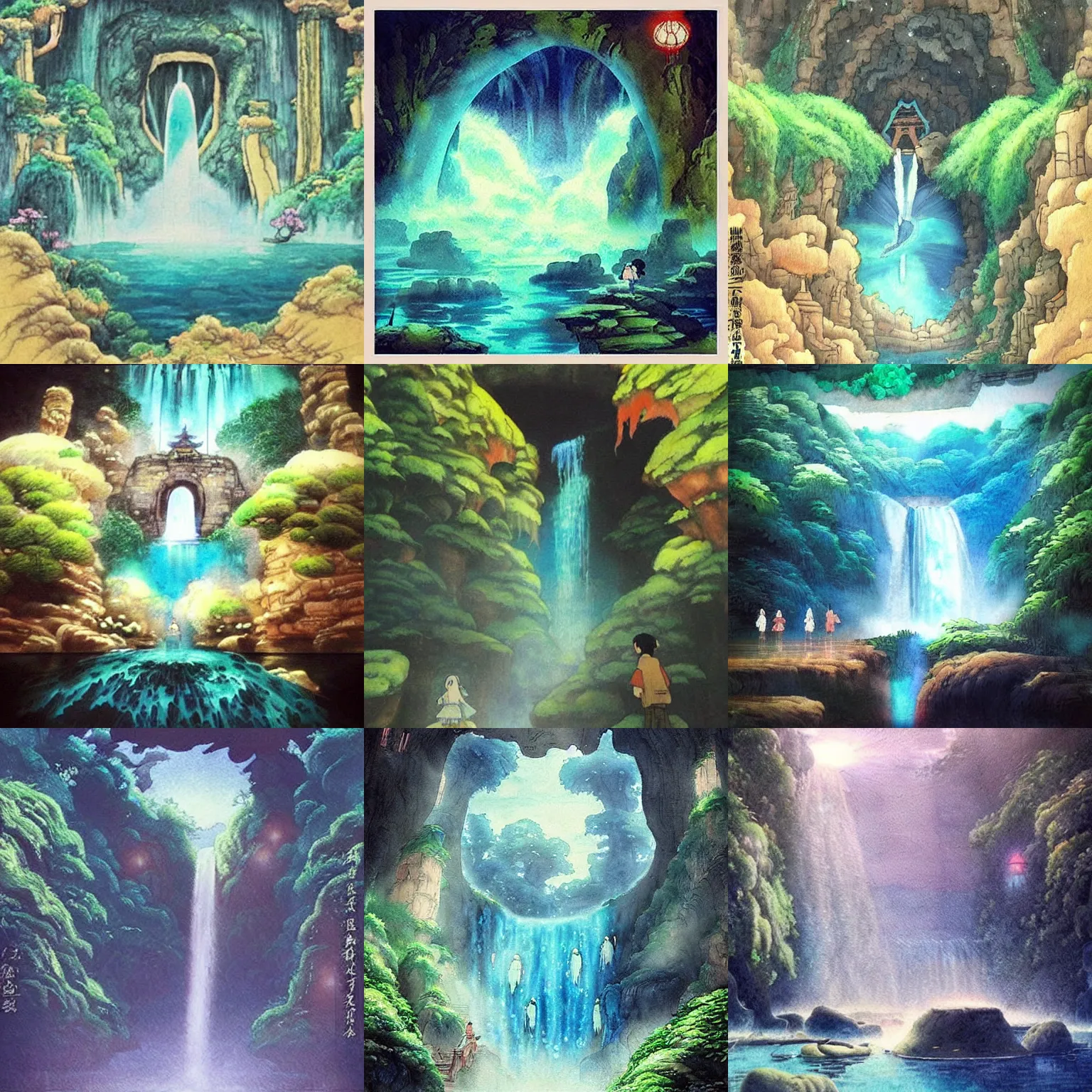 Image similar to “ ancient portal to other dimension in middle of waterfall in studio ghibli film, very detailed, masterpiece, chinese water color painting ”