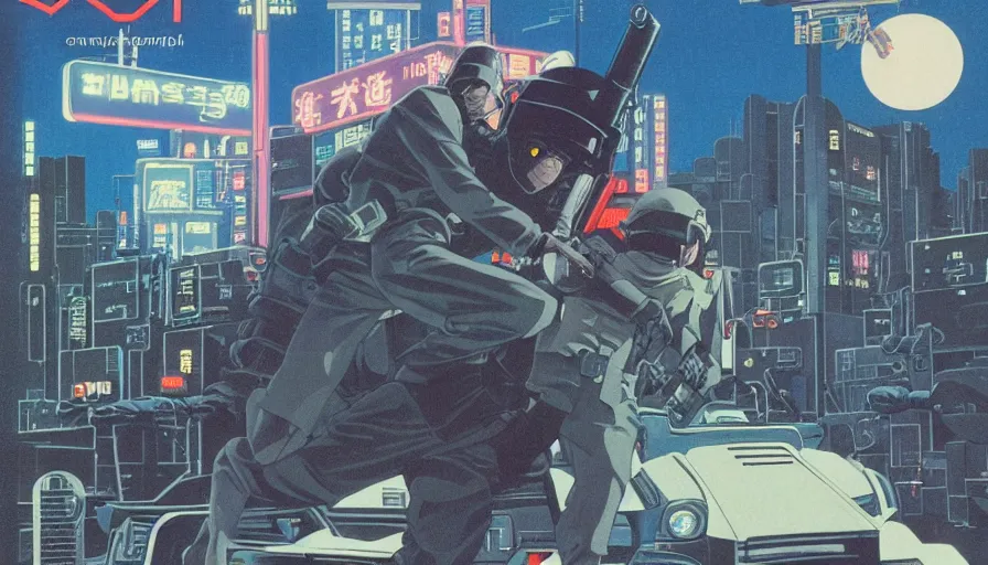 Prompt: 1979 OMNI Magazine Cover Illustration of neo-Tokyo bank robbery movie, Bank Robbery, Anime, Highly Detailed, Special Forces Security, Searchlights, Boat Dock, Special Agent, Water, Akira Color Palette, Inspired by Akira + MGS2 + FLCL, 8k :4 by Vincent Di Fate + Arc System works + Katsuhiro Otomo : 8