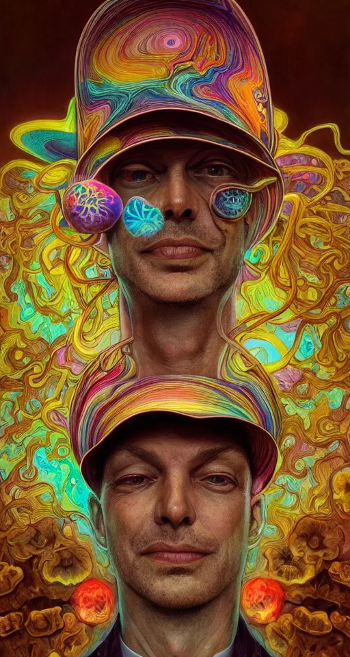 Image similar to An extremely psychedelic celestial smiling Larry Harvey white fedora hat, colorful, surreal, dramatic lighting, magic mushrooms, psilocybin, LSD, detailed, intricate, elegant, highly detailed, digital painting, artstation, concept art, smooth, sharp focus, illustration, art by Krenz Cushart and Artem Demura and alphonse mucha