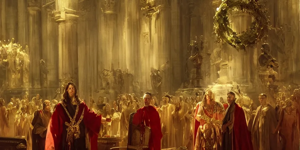 Image similar to beautiful oil matte portrait painting, steve buscemi in royal crimson robes enthroned as the god emperor of ancient rome surrounded by servants in gilded halls a golden wreath upon his head, by anders zorn, wonderful masterpiece by greg rutkowski, beautiful cinematic light, american romanticism, by thomas lawrence, greg rutkowski