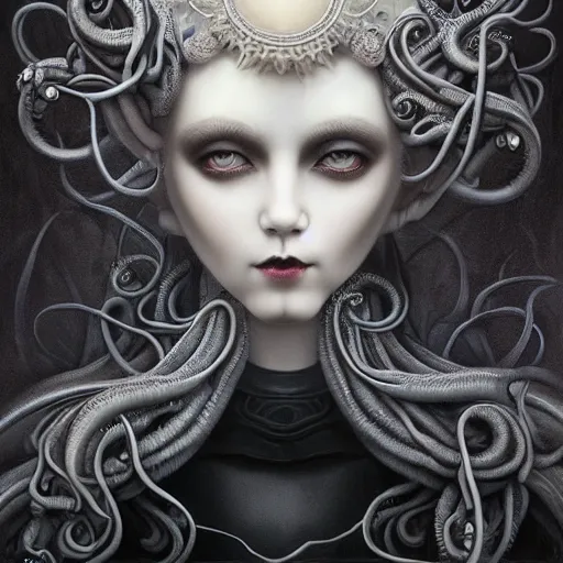 Image similar to By Tom Bagshaw, ultra realist soft painting of a curiosities carnival by night, beautiful dark eyed evil porcelain doll in full multiples tentacles dress, symmetry accurate features, very intricate details, omnious sky, black and white, volumetric light clouds
