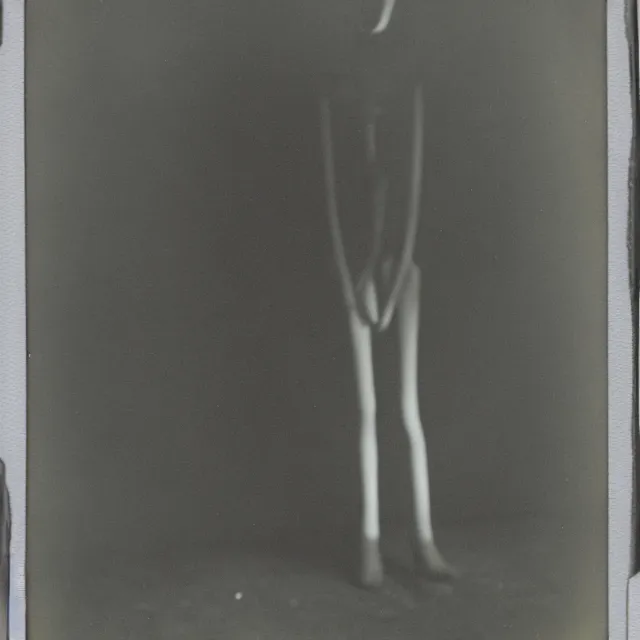 Image similar to a found polaroid photograph of slenderman, night