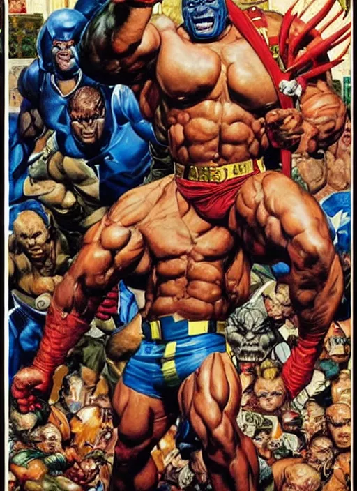 Prompt: full body and head portrait of huge mutant ronnie coleman as marvel's juggernaut, dynamic action, painted by norman rockwell and phil hale and greg staples and tom lovell and frank schoonover and jack kirby