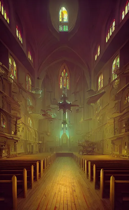 Prompt: Interior shot of a church by Petros Afshar and Beeple, James Gilleard, Mark Ryden, Wolfgang Lettl highly detailed