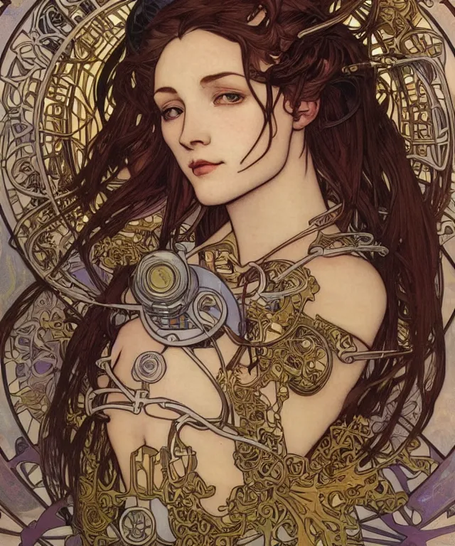 Prompt: realistic detailed portrait of a humanoid mecha cyberpunk! goddess by Alphonse Mucha and Charlie Bowater and art germ, rule of thirds, golden ratio, Art Nouveau! cyberpunk! style, mechanical accents!, mecha plate armor, glowing LEDs, flowing wires with leaves, art nouveau accents, art nouveau patterns and geometry, circuit patterns, rich deep moody colors, portrait style with the subject in the middle of the frame