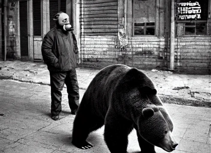 Prompt: gopnik drinking cheap beer with a bear, soviet exterior, symmetrical, cinematic, real photography