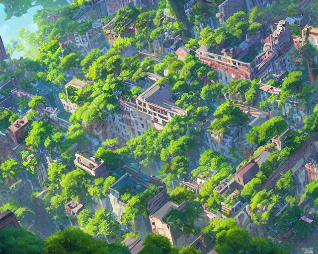 Image similar to a wholesome animation key shot of an overgrown New York covered in nature, overhead shot, wide shot, architecture, studio Ghibli, Pixar and Disney animation, sharp, very detailed, high resolution, inspired by Hayao Miyazaki, anime key art by Greg Rutkowski, Bloom, dramatic lighting