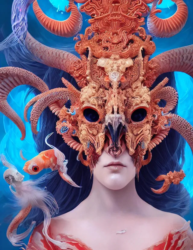 Image similar to 3 d goddess close - up profile portrait of satanic with ram skull. beautiful intricately detailed japanese crow kitsune mask and clasical japanese kimono. betta fish, jellyfish phoenix, bio luminescent, plasma, ice, water, wind, creature, artwork by tooth wu and wlop and beeple and greg rutkowski