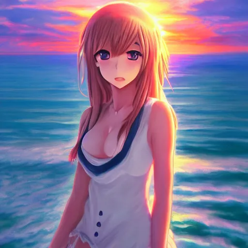 Prompt: an anime girl portrait, sunset, ocean in distance, oil painting, pale colors, high detail, 8 k, wide angle, trending on artstation,