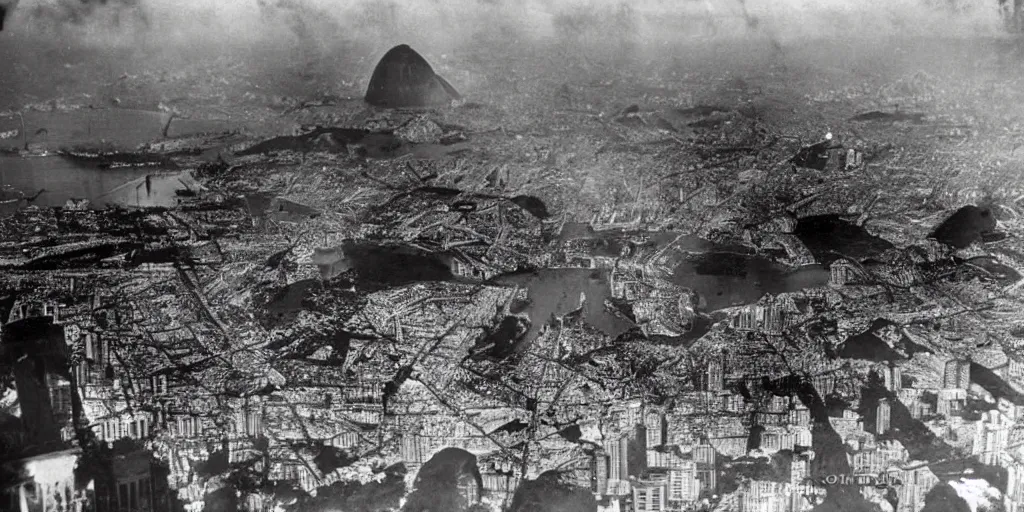 Prompt: the bombing of rio de janeiro ( 1 9 3 0 ), historical photograph, highly detailed, 4 k, real, destruction