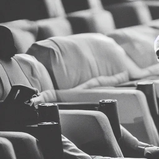 Prompt: real photo of a boy sitting alone in a cinema, extremely detailed and intricate