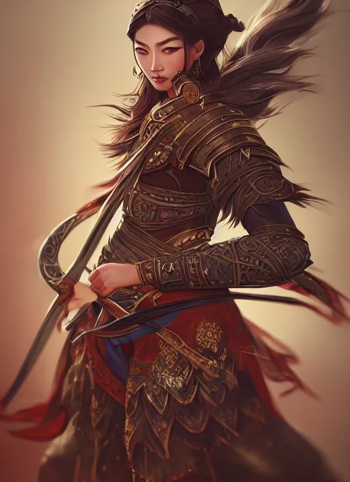 Image similar to a highly detailed illustration of fierce mongol warrior woman with bow, heroic shooting bow pose, perfect face, intricate, elegant, highly detailed, centered, digital painting, artstation, concept art, smooth, sharp focus, league of legends concept art, wlop.