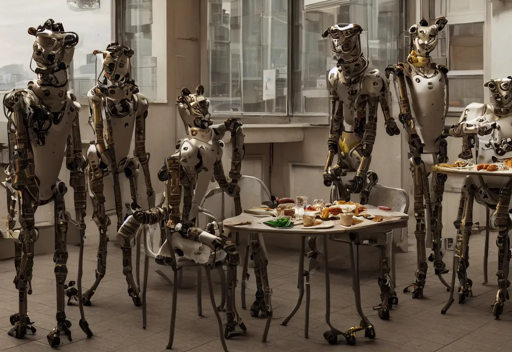 Image similar to accidentally wes anderson award - winning photograph of boston dynamics robots on a lunch break eating breakfast and drinking coffee, epic calm scene, 4 k, detailed, art by greg rutkowsky, trending on artstation, cinematic lighting, filmic grain, golden hour, detailed, 4 k