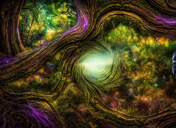 Image similar to photo of a distortion in the fabrics of space and time, in the forest. Fantasy magic style. Highly detailed 8k. Intricate. Nikon d850 55mm. Award winning photography.