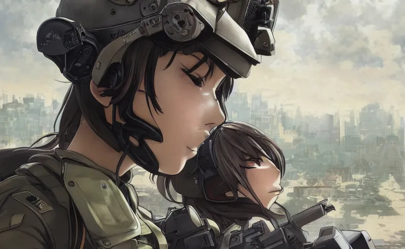 Prompt: side view of mechanized soldier girl, anime style, urban in background, soldier clothing, combat helmet, short hair, hair down, symmetrical facial features, from arknights, hyper realistic, 4 k, rule of thirds, extreme detail, detailed drawing, trending artstation, hd, d & d, realistic lighting, by alphonse mucha, greg rutkowski