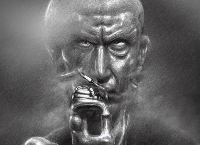 Image similar to basic professional pencil drawing of robot warlord smoking a cigar, uhd, ultra realistic, 4 k, movie still, detailed, sharp, real life, cinematic