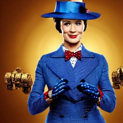 Image similar to Mary Poppins as a Gangsta rapper wearing excessive golden jewelry in the city, publicity photograph