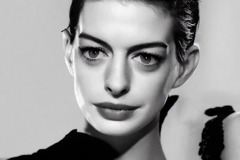 Image similar to beautiful medium shot of anne hathaway in a film noir ; grainy black and white movie still