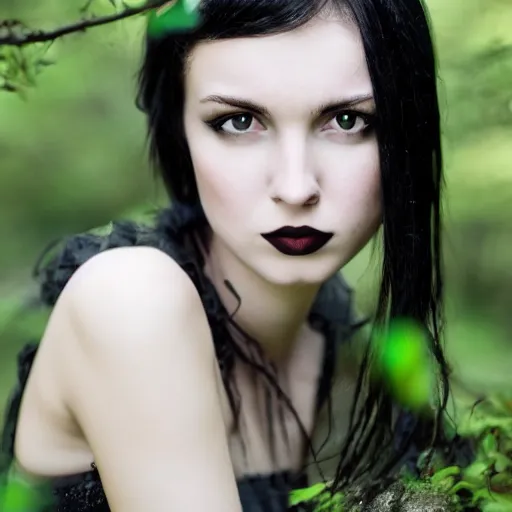 Prompt: photogenic gothic young woman with black hair in dark forest, 8 k, portrait