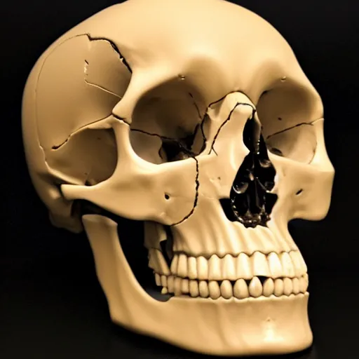 Image similar to real human skull with robotic circular orange light electronic eyes in eye sockets