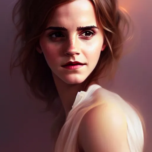 Image similar to beautiful portrait of emma watson, natural beauty expressive pose, fantasy, intricate, elegant, highly detailed, digital painting, artstation, concept art, smooth, sharp focus, illustration, art by artgerm and greg rutkowski and alphonse mucha