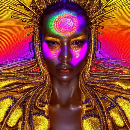 Prompt: hyperdetailed masterpiece portrait of a glossy golden metallic statue of a woman covered in colorful glowing digital circuits and hexagons, symmetrical, in the style of virgil abloh, offwhite, heron prestorn, denoise, vogue, paris, fashion, louvre museum, highly detailed, realistic, hyperreal, 8 k, render