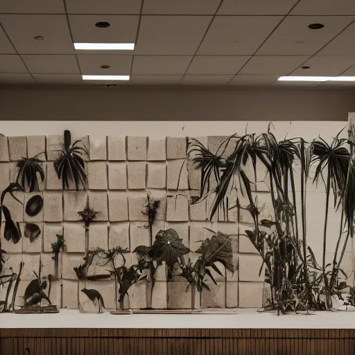 Image similar to a photography of an exhibition room with an arrangement of elements / anthropological conceptual object / tropicalism / ( ( ( ( ( ( ( ( ( brutalism ) ) ) ) ) ) ) ) ) / animism, grain / shades / fujifilm x - t 3 0