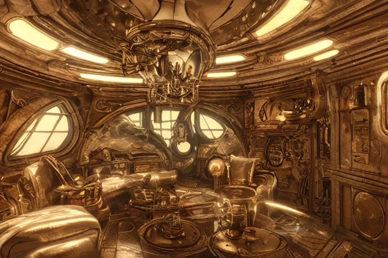 Image similar to baroque steampunk spaceship interior, viewport, commander's deck made of bone, rendered in unreal engine 5, cryengine, arnold and zbrush, epic lighting