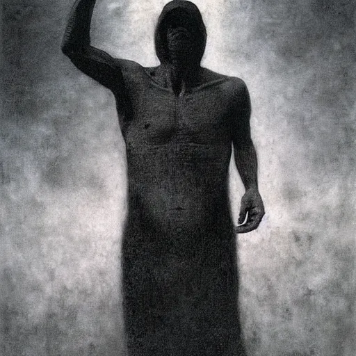 Image similar to darkness and evil overtakes a man raising his arms, beksinski