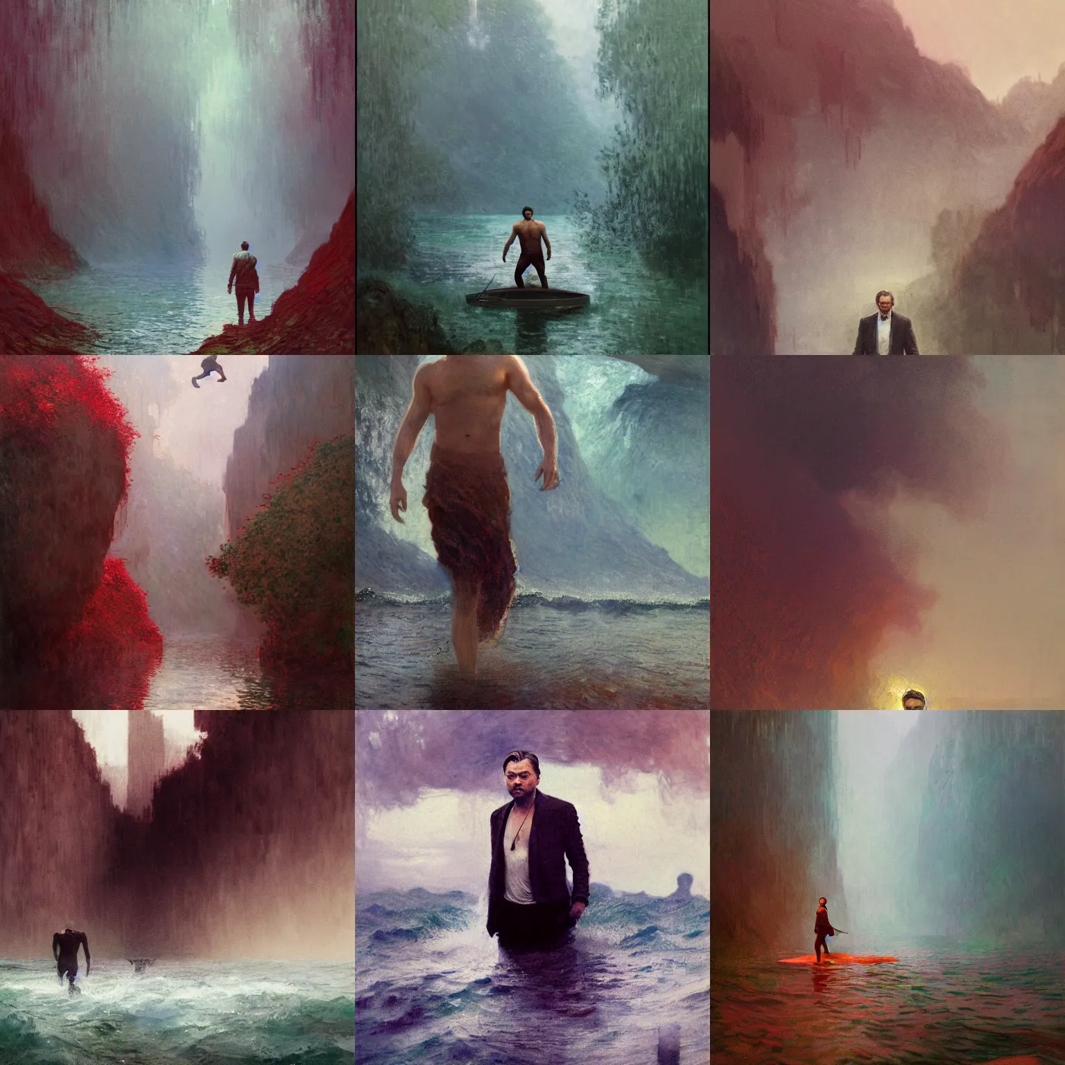 Prompt: leonardo dicaprio emerging from maroon water by greg rutkowski, claude monet, conrad roset, takato yomamoto, rule of thirds, sigma look, gigachad, beautiful