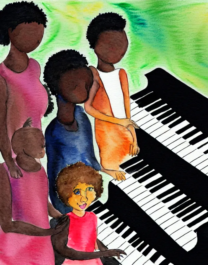 Image similar to a white person and a black person near the piano keyboard with two dogs water colors