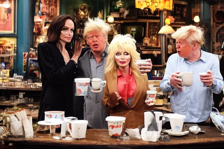 Prompt: Angelina Jolie, boris johnson, The Alien from the movie 'Alien', dolly parton, donald trump are best friends, drinking coffee at central perk, still photo, hyperrealistic, 35mm, 8k, by weta digital