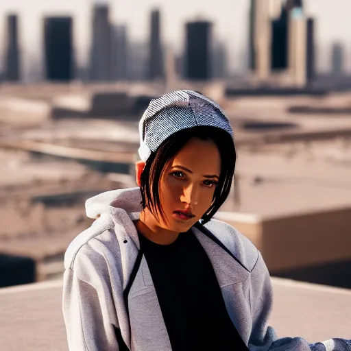 Image similar to photographic portrait of a streetwear woman, closeup, on the rooftop of a futuristic city overlooking a desert oasis, sigma 85mm f/1.4, 4k, depth of field, high resolution, 4k, 8k, hd, full color