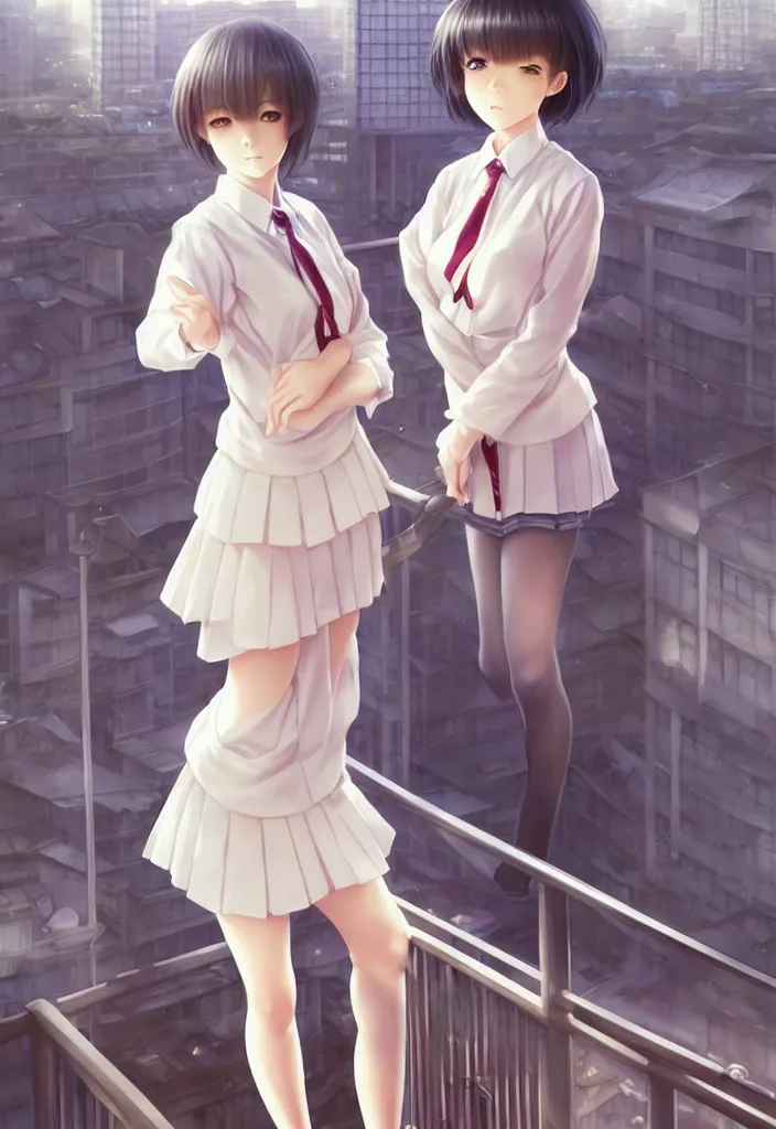 Prompt: beautiful full body portrait of one anime female with short hair, wearing Japanese school uniform, standing in on a balcony overlooking downtown Tokyo, D&D, fantasy, intricate, elegant, highly detailed, digital painting, artstation, concept art, smooth, sharp focus, illustration, art by artgerm and WLOP and Krenz Cushart and greg rutkowski and alphonse mucha