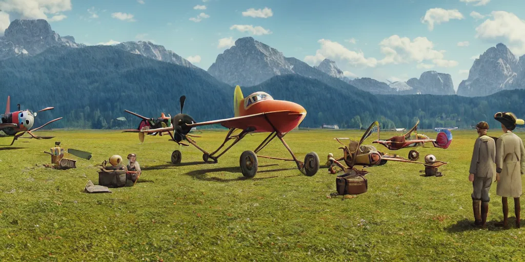 Prompt: a ultra photorealistic and sharp film still of an a sunny and colourful airfield in 1 9 1 6 in the middle of the bavarian alps, germany. wide shot, frog perspective, wes anderson, studio ghibli, pixar and disney animation, octane render, anime key art by greg rutkowski, dramatic lighting, award winning photography