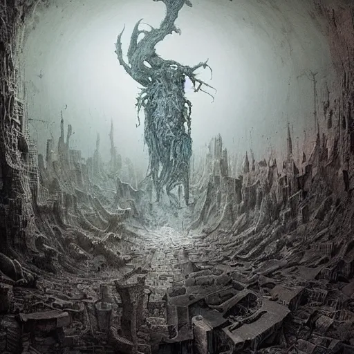 Image similar to an epic horrifying fantastic hyperdetailed 3 d matte painting photo taken with nikon d 7 5 0 an of a decaying eldritch creature partially covered with grafitti art by moebius by zdzisław beksinski by jakub rozalski by nekro