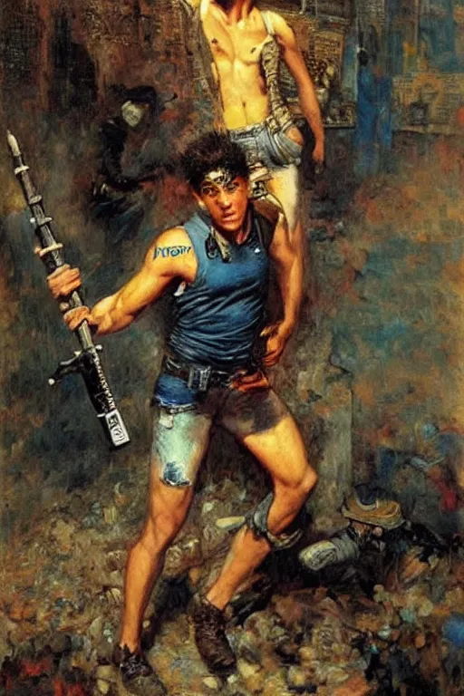 Image similar to a 2 5 year old contract killer named spike. he is a maniac with a stolen cop car. he wears a denim vest. art by gaston bussiere.