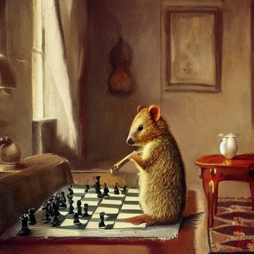 Image similar to a quokka playing chess inside a cozy victorian living room, in the style of anders zorn