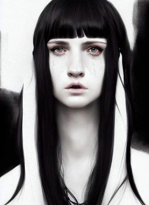 Prompt: portrait of white teenage girl, normal face, black bangs, mall goth, cyberlox, black and white hair, bangs, fluffy bangs, intricate, elegant, highly detailed, digital painting, artstation, concept art, sharp focus, smooth, illustration, art by wlop, mars ravelo and greg rutkowski