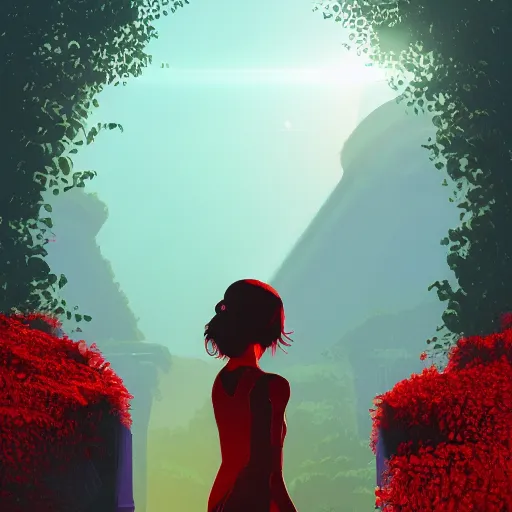 Prompt: comic artwork cover by ilya kuvshinov of broken arches leading to the pillars of eternity draped with red flowers and vines, blue sky, lens flare, a sense of mystery, cinematic, ultra detailed, intricate, sharp focus, trending on artstation, 8K