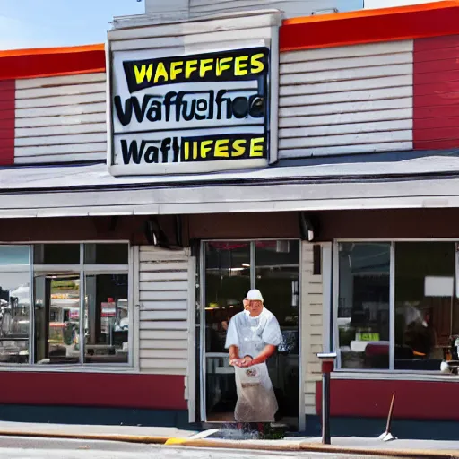 Prompt: wafflehouse restaurant cook standing outside smoking a cigarette