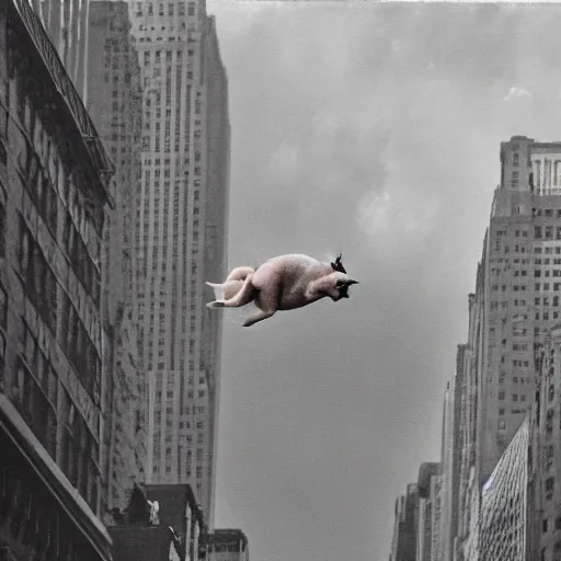 Prompt: a pig flying above new york