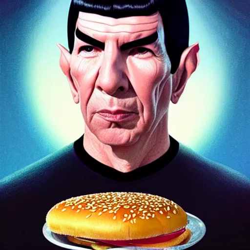 Prompt: portrait of Spock mind-meld with hamburger, extra onions and ketchup, luscious patty with sesame seeds, feminine ethereal, delicate fingers, subsurface scattering skin, handsome, D&D, fantasy, intricate, elegant, highly detailed, digital painting, artstation, concept art, matte, sharp focus, illustration, art by Artgerm and Greg Rutkowski and Alphonse Mucha