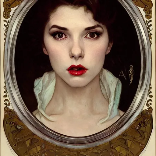 Prompt: portrait of a very beautiful vampire, top half of body, upset expression, by Stanley Artgerm Lau, greg rutkowski, thomas kindkade, alphonse mucha, loish, norman rockwell, J. C. Leyendecker. brown hair, European, pale skin, detailed eyes, red lips. small frame. Trending on artstation rule of thirds extremely detailed illustration hd 4k