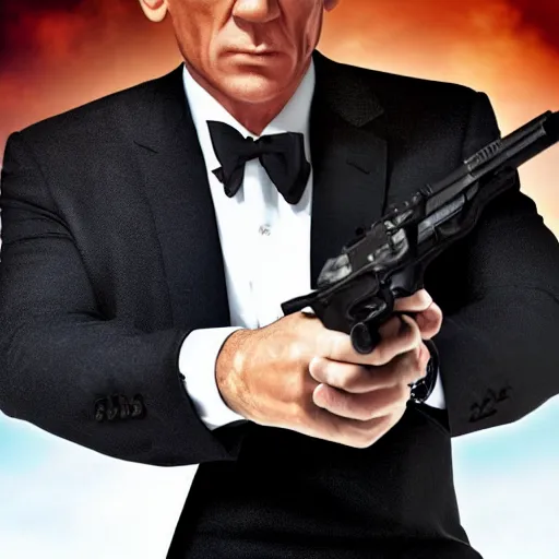 Prompt: George Cooney as James Bond, with pistol, cinematic photograph, dramatic background